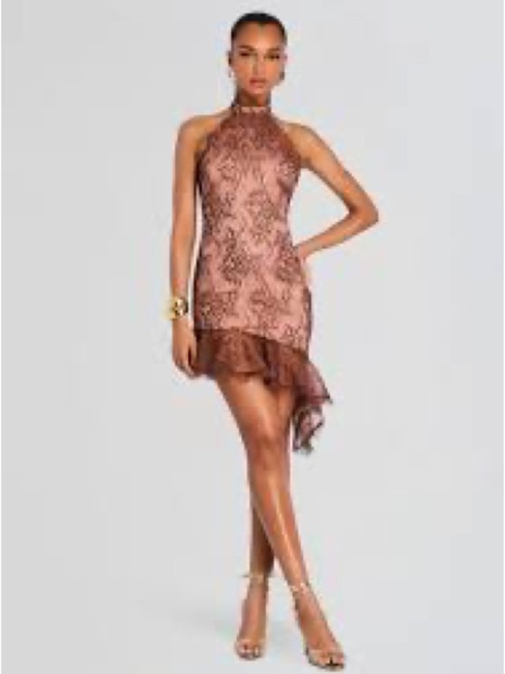 Retrofete Rose Brown Lace High-Neck Asymmetrical Mini Dress